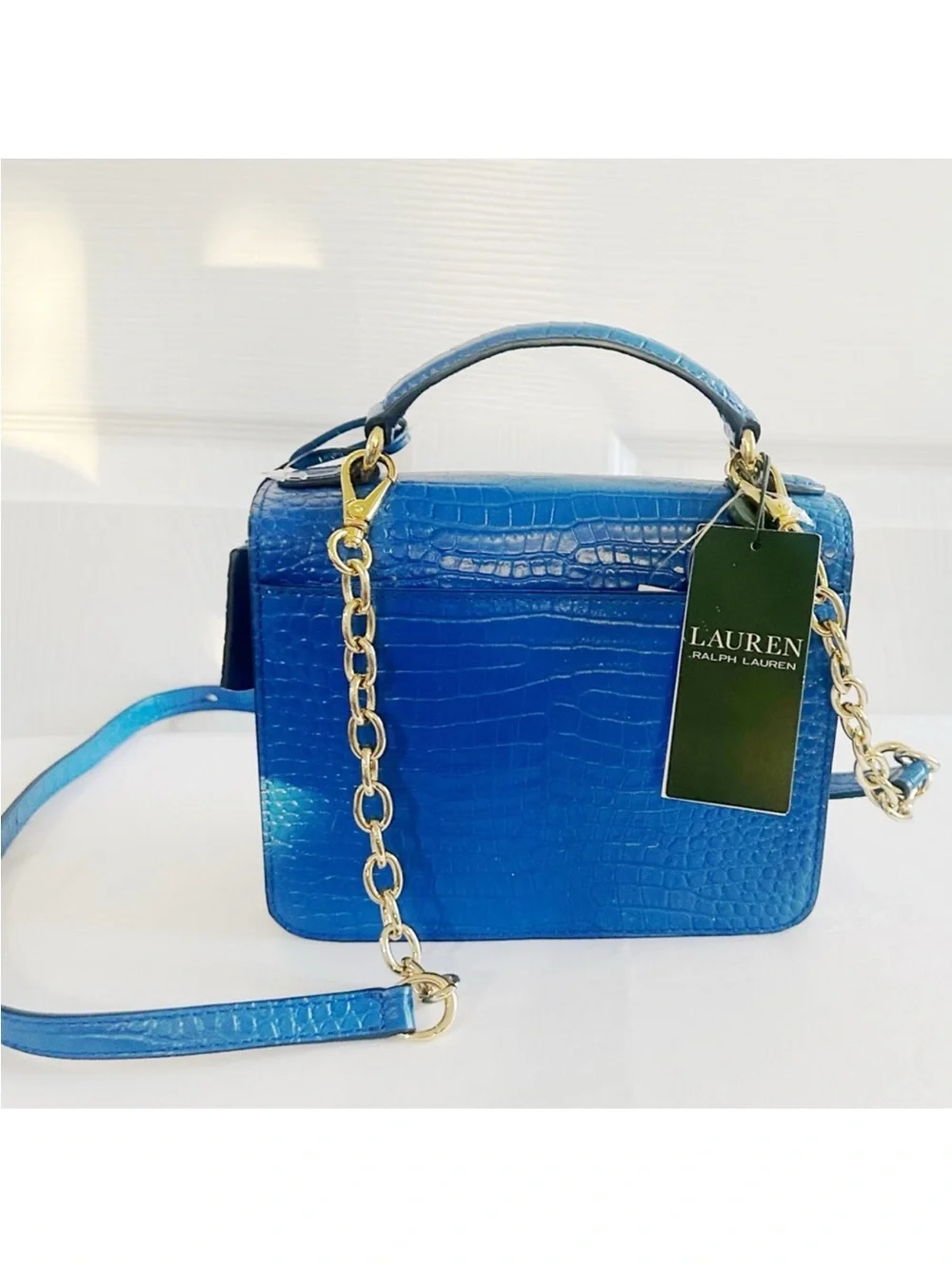 Lauren Ralph Lauren Blue Croc-Embossed Leather Top-Handle Bag with Gold Lock